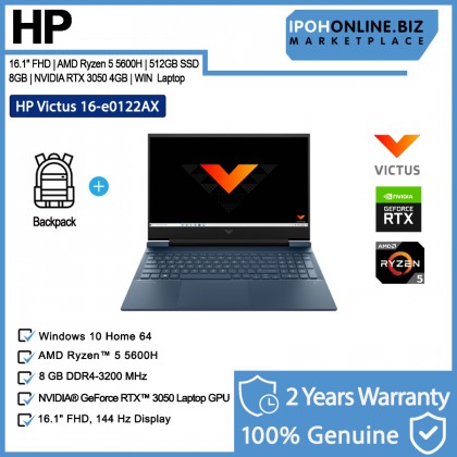HP Victus Gaming Laptop 16-E0122AX 16.1" AMD Ryzen 5-5600H Performance Blue 4D8L3PA#UUF 512GB nvmE SSD, 8GB, NVIDIA RTX 3050 4GB, W11 Notebook + PAV Gaming Backpack